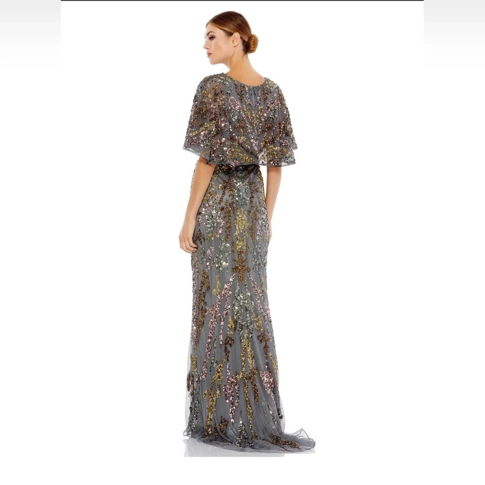 Mac Duggal, Cape Sleeve Embellished Evening Gown,‎ Charcoal, Size 4, NWT - Picture 2 of 15